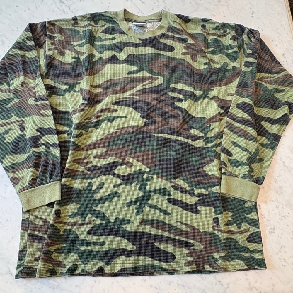 VTG Platinum BNK Thermal Shirt Men 2XL Green Woodland Camo Waffle Hunt Hike Y2K - Picture 8 of 9